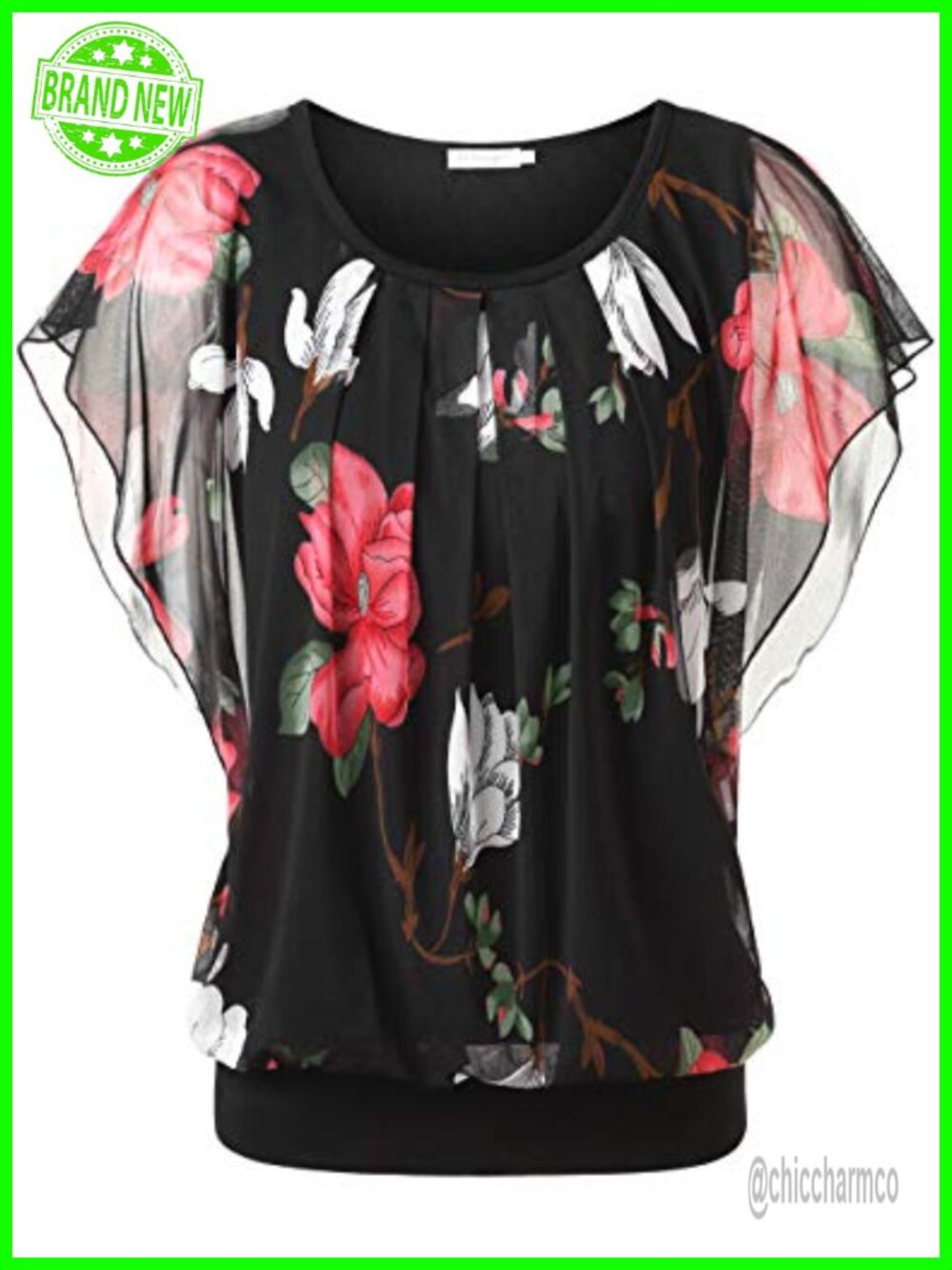 Womens Flutter Short Sleeve Pleated Front Mesh Blouse Summer Dressy Tunic Top